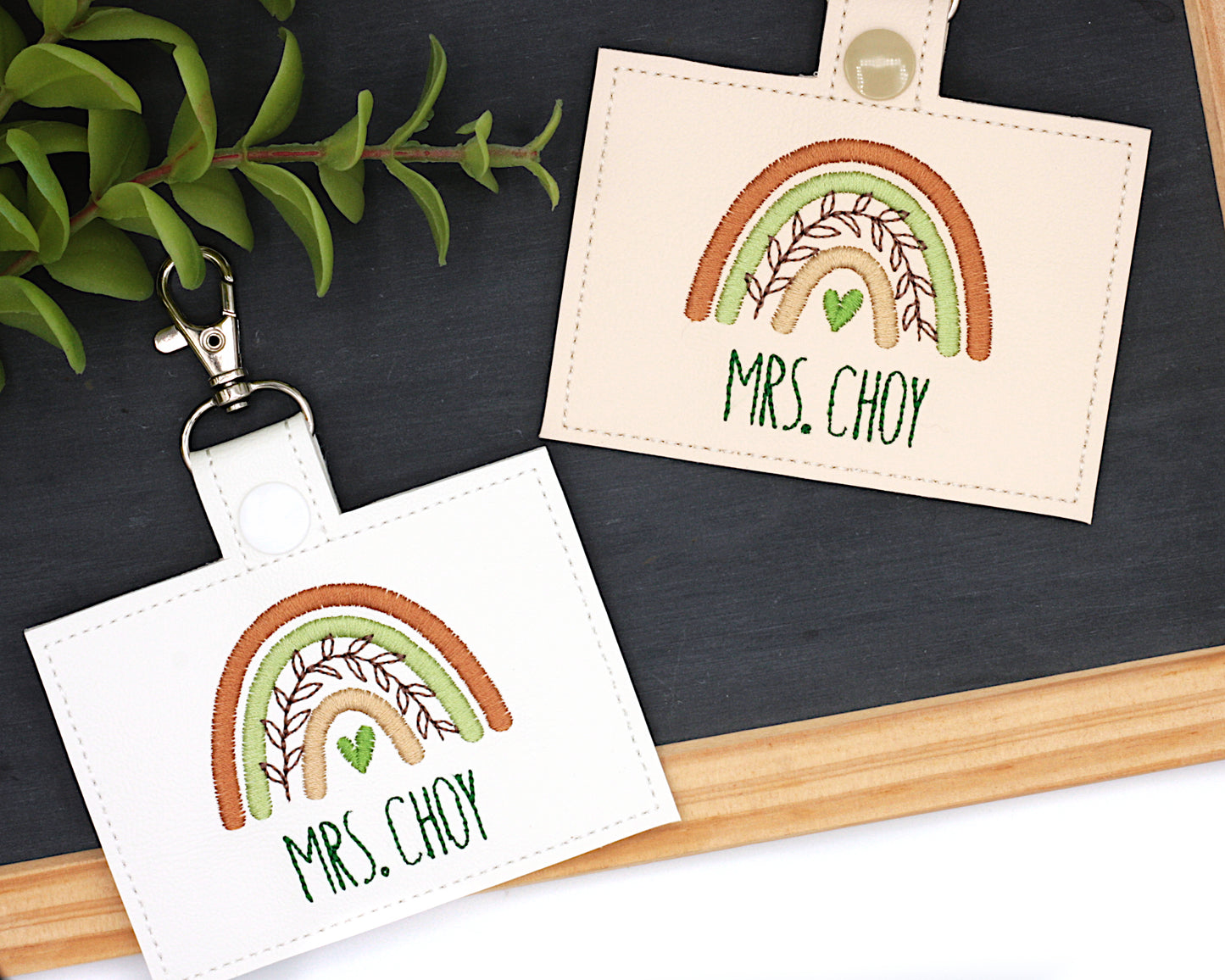 Brown & Green Boho Rainbow with Leaves Horizontal Badge ID Card Holder