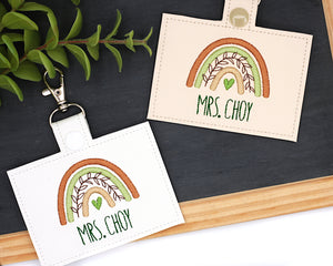 Brown & Green Boho Rainbow with Leaves Horizontal Badge ID Card Holder