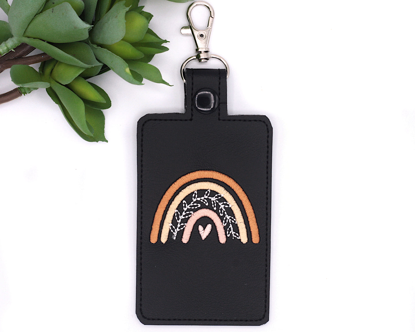 Neutral Brown Boho Rainbow with Leaves Vertical Badge ID Card Holder
