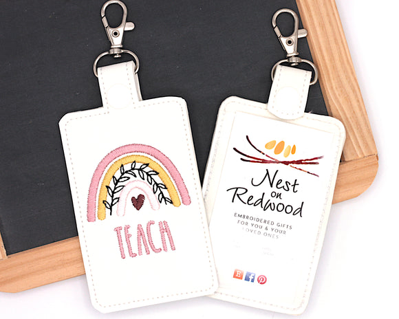 Mauve & Gold Boho Rainbow Teach with Leaves Badge Holder
