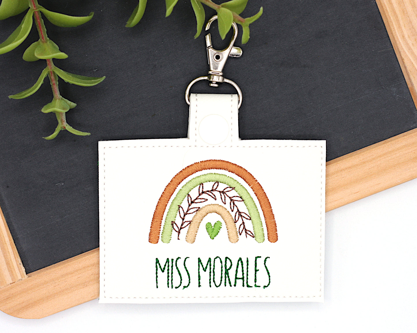 Brown & Green Boho Rainbow with Leaves Horizontal Badge ID Card Holder