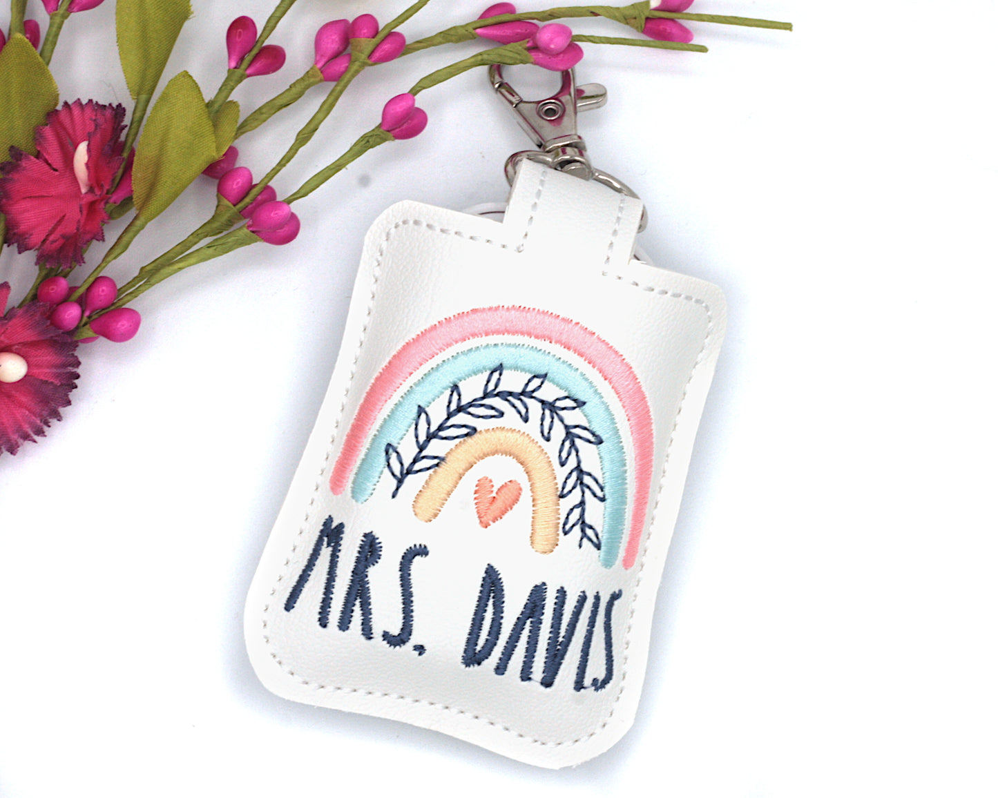 Personalized Boho Rainbow with Leaves Classroom Doorbell Holder