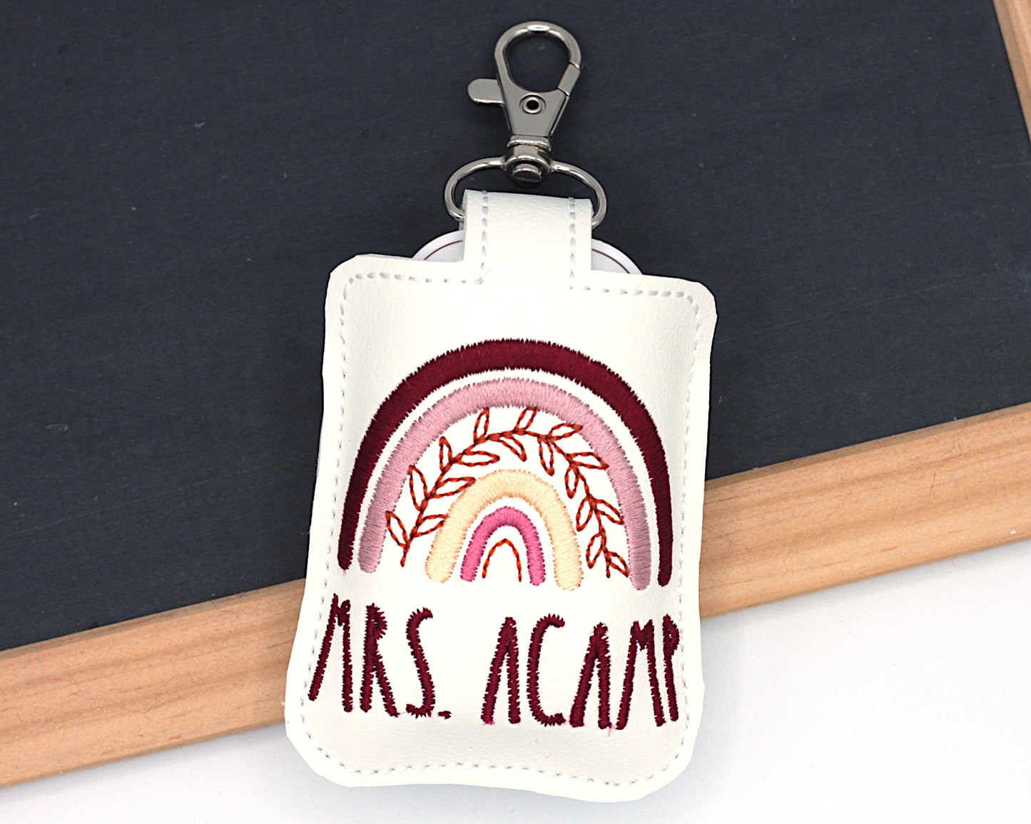 Personalized Red Boho Leaves Rainbow Classroom Doorbell Holder