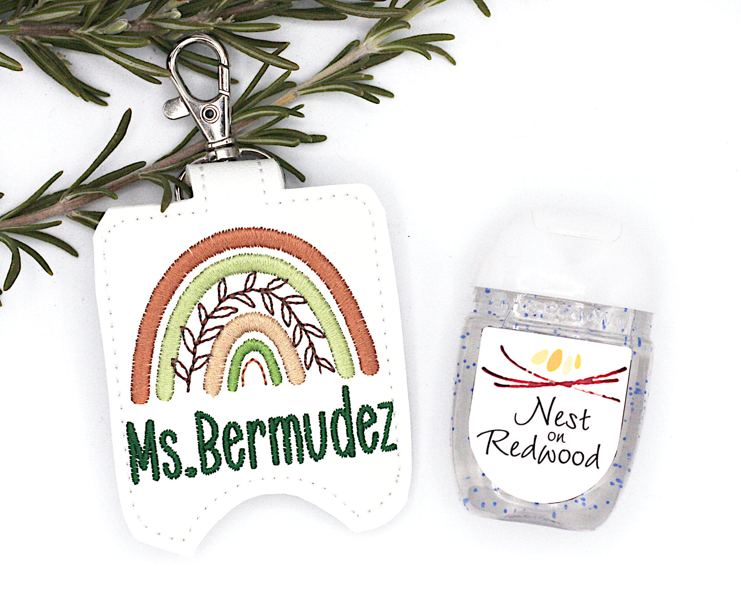 Personalized Brown & Green Boho Rainbow with Leaves Hand Sanitizer Holder