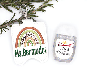 Personalized Brown & Green Boho Rainbow with Leaves Hand Sanitizer Holder
