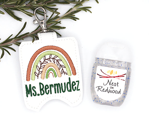 Personalized Brown & Green Boho Rainbow with Leaves Hand Sanitizer Holder