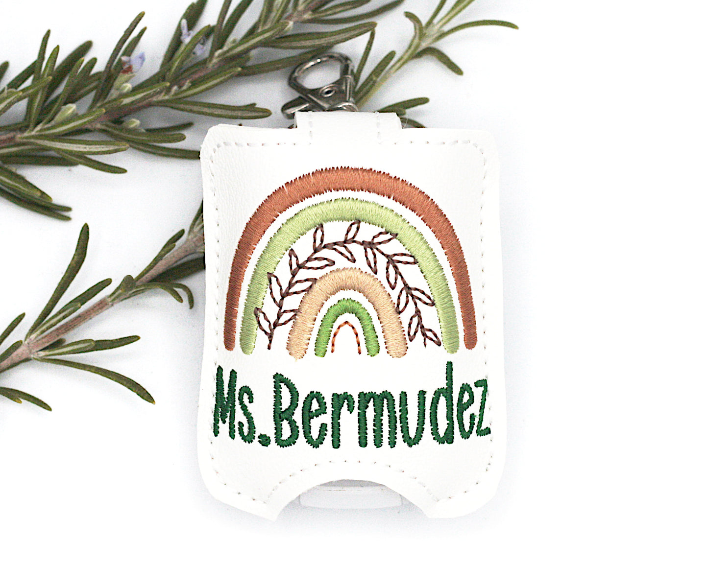 Personalized Brown & Green Boho Rainbow with Leaves Hand Sanitizer Holder