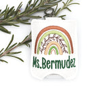 Personalized Brown & Green Boho Rainbow with Leaves Hand Sanitizer Holder