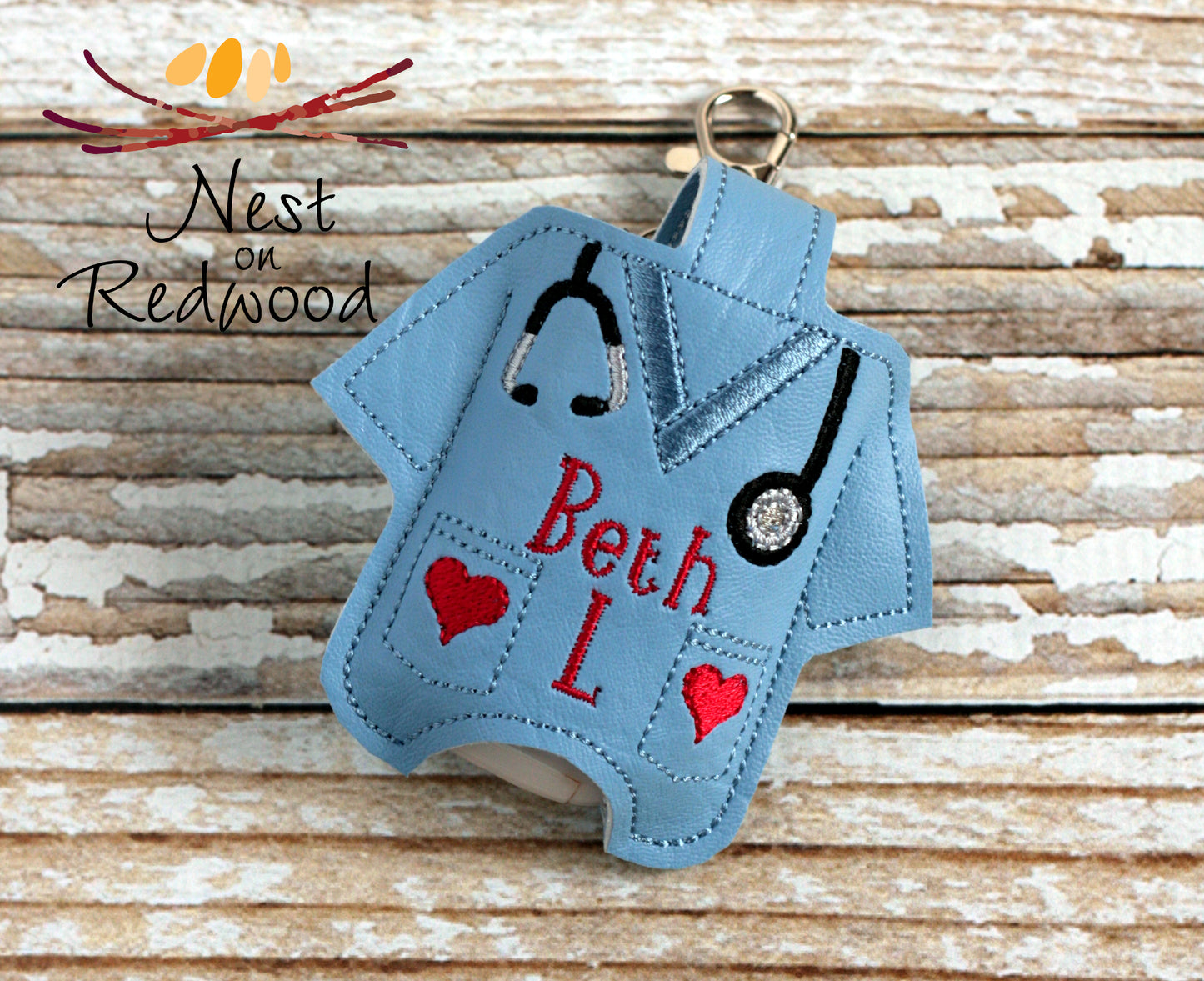 Personalized Scrub top with Hearts Hand Sanitizer Holder