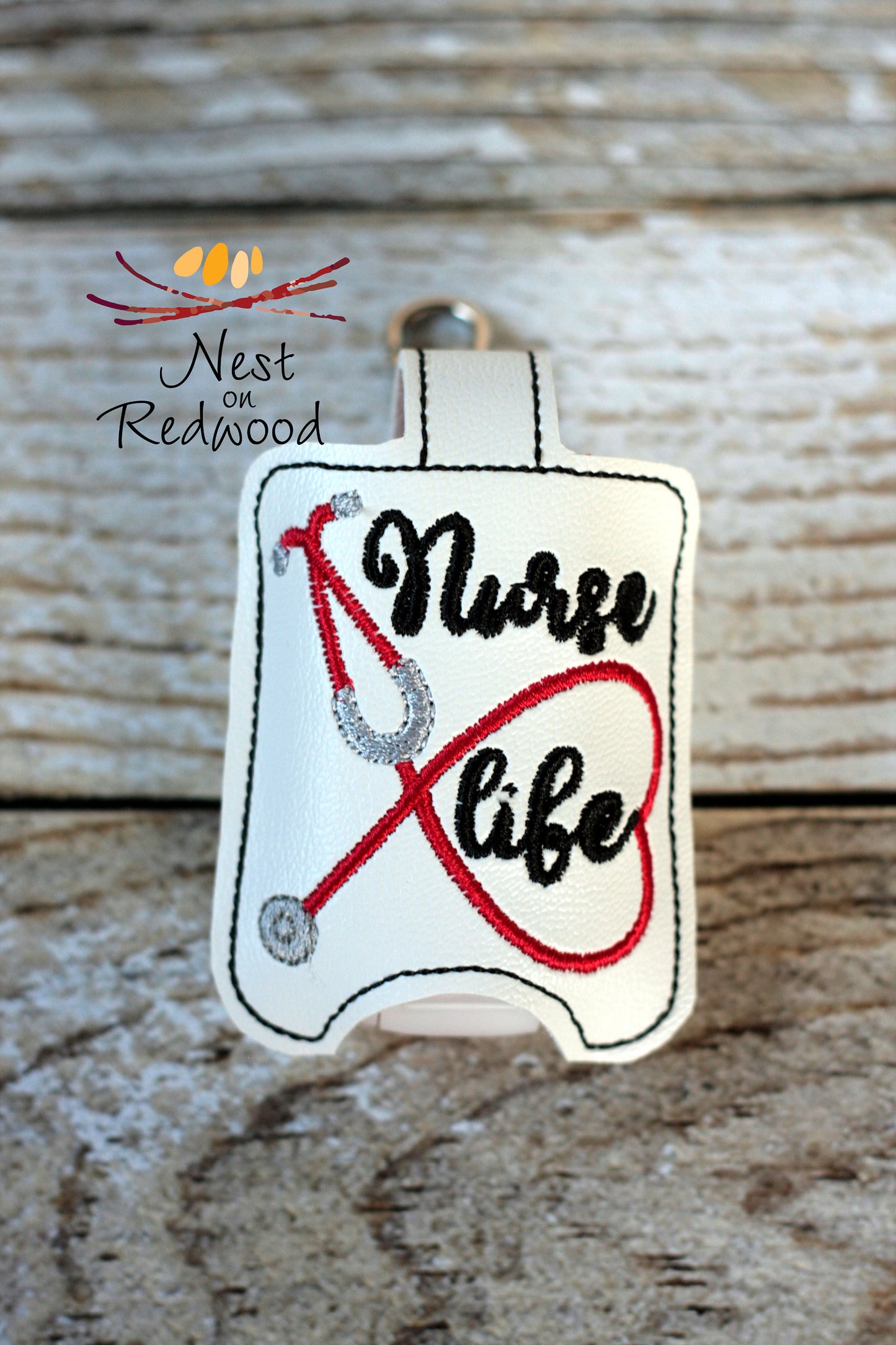 Nurse Life Hand Sanitizer Holder White with Red Stethoscope